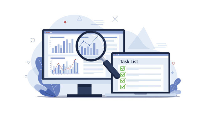Data monitoring and task management dashboard showing performance charts on monitor and checklist on laptop screen.
