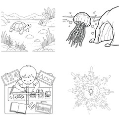 Obraz premium Cute jellyfish and ocean landscape coloring book page for kids with sea creature