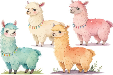 Naklejka premium set of Watercolor Alpaca Illustration, Cute Fluffy Farm Animal Clipart, Hand Painted Style, illustration isolated on white background