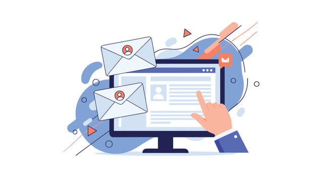 Email management and communication concept with hand pointing at monitor and multiple envelopes flying through the air.