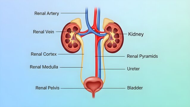Detailed diagram of the human urinary system showing both kidneys with cortex, medulla, pyramids and renal pelvis, plus ureters, renal artery, renal vein and bladder, illustrating blood supply and uri
