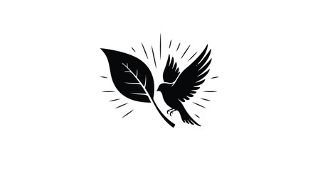 Obraz premium Elegant bird in dynamic flight, carrying a fresh leaf amidst radiating light, a powerful emblem of environmental care, natural growth, and vitality