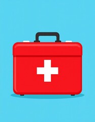 Obraz premium Cartoon illustration of a red first-aid kit against a bright blue backdrop