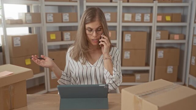 Young blonde woman holding phone and gesturing at tablet on desk amid cardboard parcel boxes on shelves in building interior; productivity focus.