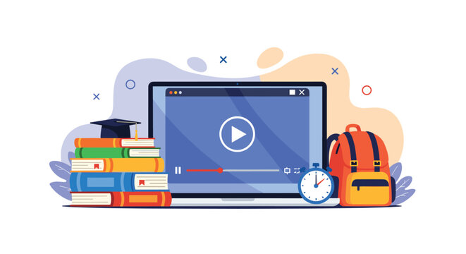 Online education setup features laptop playing video lesson surrounded by stack of books with graduation cap and a school bag with clock.