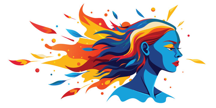 A vibrant, abstract portrait of a woman with fiery, colorful hair bursting in dynamic, vivid hues around her head