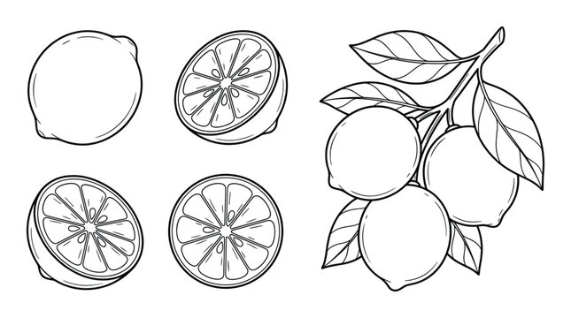 Collection of lemons with whole fruits and cut slices and a branch with multiple lemons