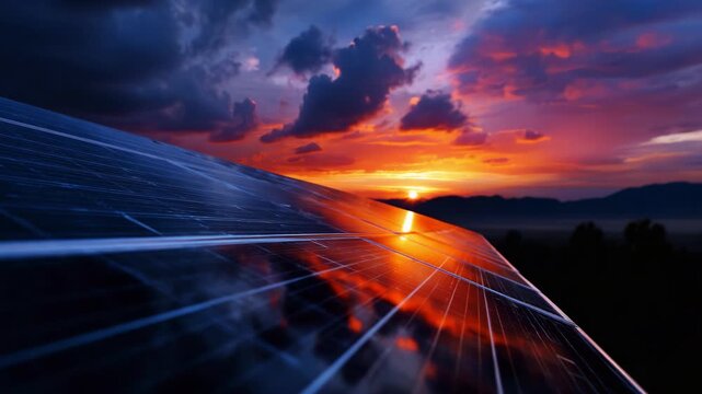A Stunning Sunset Reflected on Solar Panels Amidst Breathtaking Clouds, Showcasing the Harmony of Nature and Renewable Energy Innovations in a Vibrant Sky.