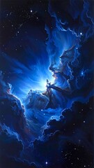 Obraz premium A vibrant blue nebula glows brightly in the dark space
