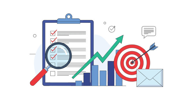 Quality control checklist on clipboard with magnifying glass and bullseye target shows business audit results with growth charts and emails.