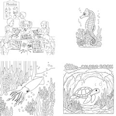 Fototapeta premium Children learning, underwater sea animals, seahorse, squid and sea turtle line art