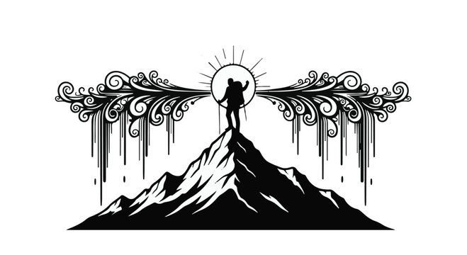 Summit conqueror silhouette amidst ornate wings and radiant sunburst, an emblem of personal triumph, aspiration, and boundless exploration
