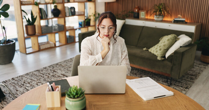 Woman, research and freelancer with laptop for project draft, editing article or creative process in home. Remote work, writer and digital tech for proofreading with document or blog post feedback