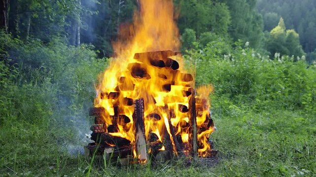 Southern Urals in summer: a fire in a forest clearing.