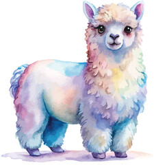 Fototapeta premium Watercolor Alpaca Illustration, Cute Fluffy Farm Animal Clipart, Hand Painted Style, illustration isolated on white background