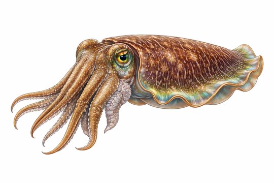 Detailed cuttlefish illustration isolated on white background, marine cephalopod with tentacles and textured skin realistic biology artwork