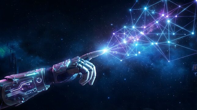 Robotic cybernetic hand touching a glowing digital network constellation in outer space