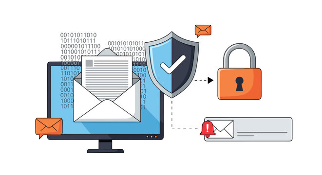 Secure email communication features an envelope on a computer screen protected by a shield and an orange padlock symbol.