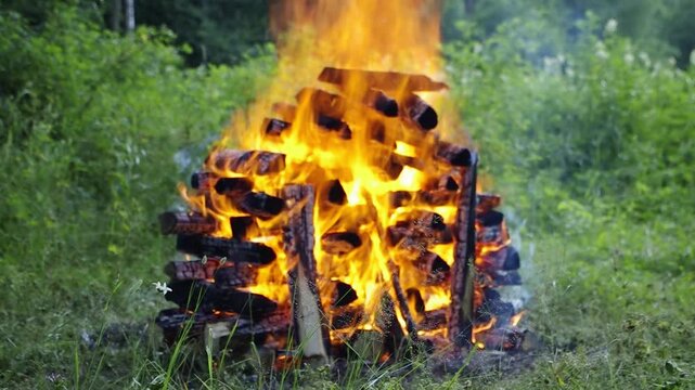 Southern Urals in summer: a fire in a forest clearing.