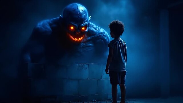 A little boy standing in front of a giant monster in a dark room
