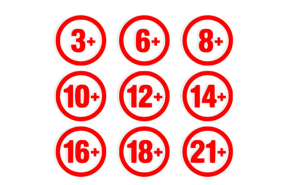 Age restriction rating icon set with red circle badges showing 3, 6, 8, 10, 12, 14, 16, 18, and 21 plus symbols for content classification and media rating design