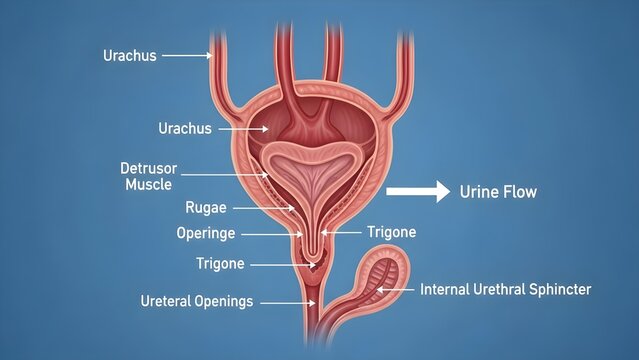 Cross‑section diagram of the urinary bladder showing detrusor muscle, rugae, ureteral openings, trigone area, internal urethral sphincter and urethra, with arrows indicating urine flow as the bladder 