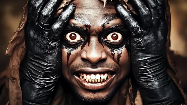 A man with black paint on his face and hands covering his face