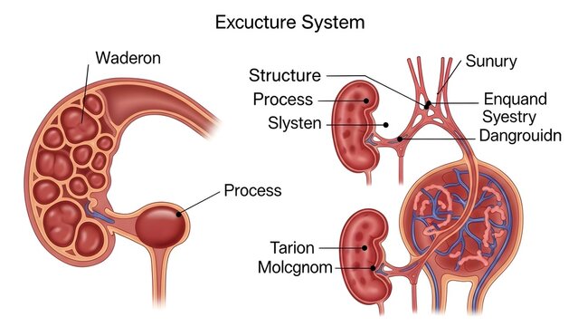 Illustrated diagram of the excretory system showing stylized kidney structure, nephron‑like units, ureter and bladder region with schematic labels, emphasizing filtration structures and the overall pr
