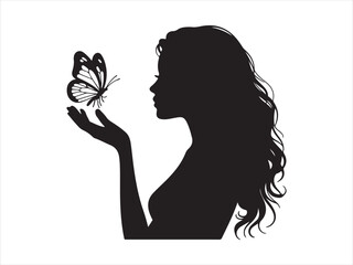 A beautiful black silhouette of a woman with long wavy hair reaching out to a delicate butterfly Vector, illustration © AI Vector Stroker