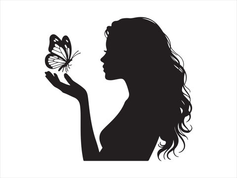 A beautiful black silhouette of a woman with long wavy hair reaching out to a delicate butterfly Vector, illustration