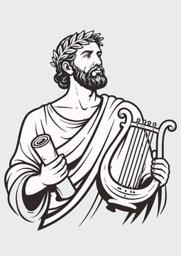 076-26-Ancient greek man wearing a toga and laurel wreath holding a lyre and a scroll