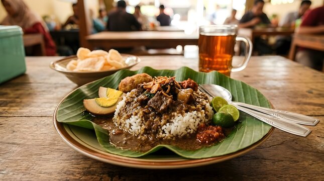 Traditional Indonesian Nasi Rawon dish served on a banana leaf with rice, stewed beef, egg, and lime, accompanied by crackers and tea in a casual eatery setting.