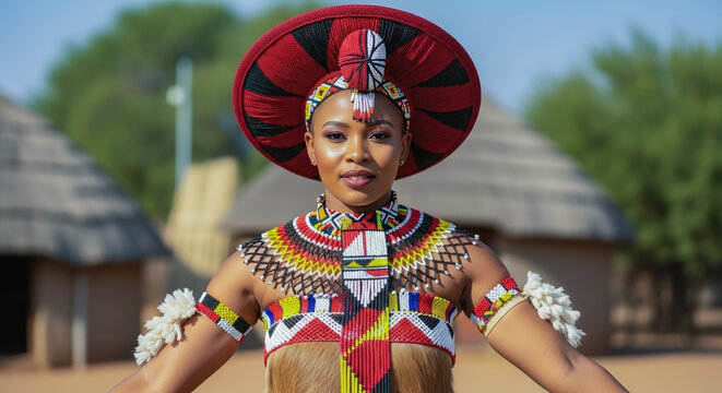 Zulu woman in traditional isicholo hat and beaded attire at cultural ceremony, authentic South African heritage