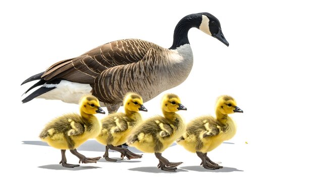 A mother goose leads her five goslings in a line