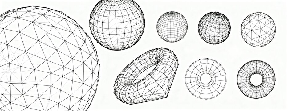 Geometric Spheres and Torus Wireframe Illustrations