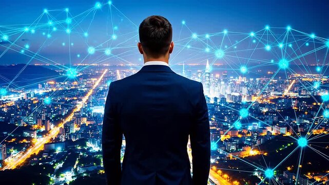 Man in suit overlooking city with network connections