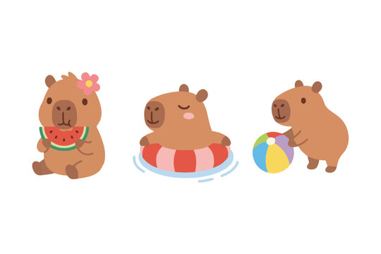 Set of cute capybara characters in summer activities, eating watermelon and swimming with floatie, flat vector illustration