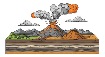 A cross-section of a volcanic eruption, showing land formations and layers © Jalilun
