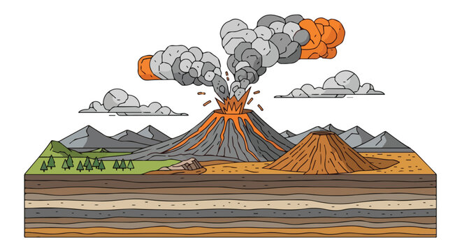 A cross-section of a volcanic eruption, showing land formations and layers