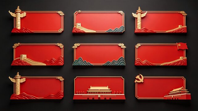 Red Decorative Frames with Chinese Architectural Elements
