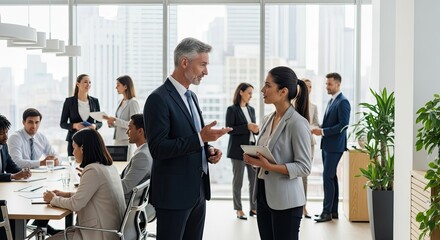 Obraz premium A group of business professionals are engaged in a discussion in a modern office setting.