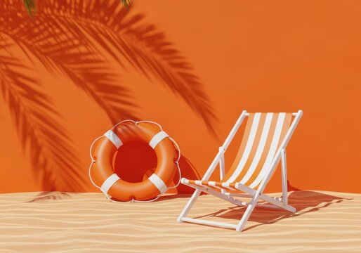 Beach scene with a white deck chair and orange life preserver on sandy shore with palm shadow on orange background