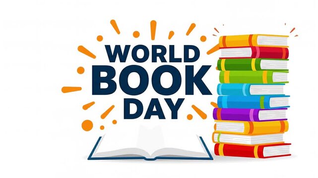 World Book Day celebration with stacked books and open book, 4k Video