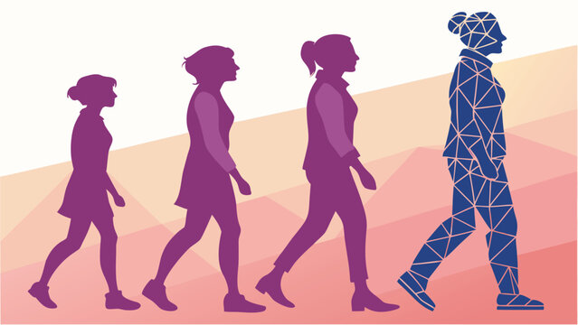 Group of people walking together in a line across a colorful, undulating landscape path