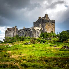 Fototapeta premium A historic stone castle on a grassy hill under a stormy sky