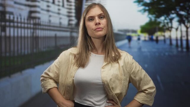 Determined young blonde woman points index finger toward camera on sunny urban street; confidence.