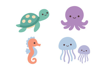 Fototapeta premium Set of cute marine animals, turtle, octopus, seahorse, and jellyfish, flat ocean creature collection for stickers or worksheets