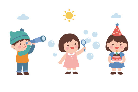 Happy kids playing outdoors, children with telescope and bubble wand, flat vector illustration