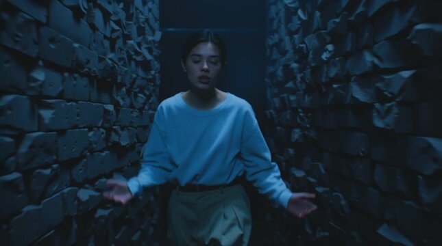 Startled woman in the narrow dungeon. Fear intensifies