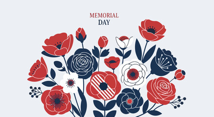 A floral arrangement in red, white, and navy blue with "MEMORIAL DAY" text © Jeremy